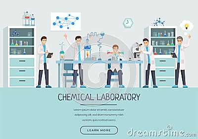 Chemical laboratory workers landing page template. Research group doing tests, studying liquids, substances cartoon Vector Illustration