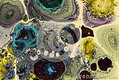 Chemical madness. Organic circular shapes. Liquid surface. Stock Photo