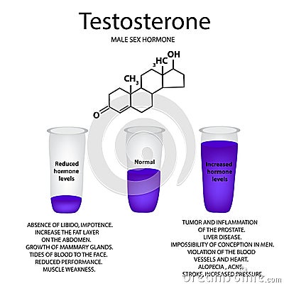 The chemical molecular formula of the hormone testosterone. Male sex hormone. Decrease and increase of testosterone. Infographics Cartoon Illustration