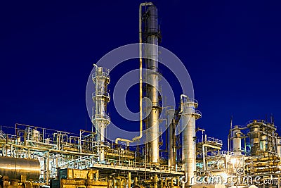 Chemical plant, petrochemical factory at night. Petro chemical power industry refinery enterprise of methanol. Late Editorial Stock Photo