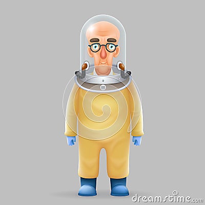Chemical protection overalls bald scientist avatar realistic helmet 3d glass design vector illustration Vector Illustration