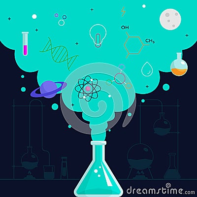 Chemical reaction smoke out form beaker glass with science knowledge stuff icon vector illustration Cartoon Illustration