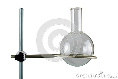 Chemical round-bottom flask mounted on a stand isolated on a white background Stock Photo