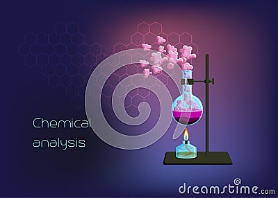 Chemical scientific background template with burner and beaker with solid phase, heating liquid and gas vapor. Vector Illustration