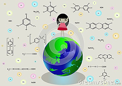 Chemical symbols and girl on planet Earth.cartoon,lady Vector Illustration