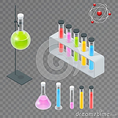 Chemical test tube pictogram icons set. Erlenmeyer flask, distilling flask, volumetric flask, test tube. Chemical lab Vector Illustration