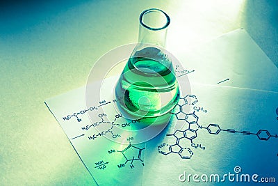 Chemical tube with reaction formula Stock Photo