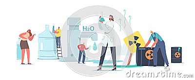 Chemicals in Water Concept. Tiny Scientist Female Character in White Lab Coat Hold Beaker Research Water Sample Vector Illustration