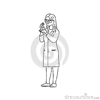 Chemist woman laboratory technician in professional protection uniform. Line art style character vector black white Vector Illustration