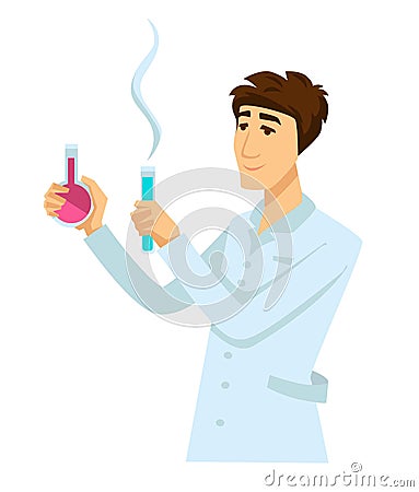 Chemist in work robe with two flasks full of reagents Vector Illustration