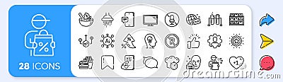 Chemistry beaker, Monitor and No microphone line icons. For web app, printing. App line icons. Vector Stock Photo
