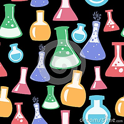 Chemistry Beakers on Black Background Geometrical Pattern Seamless Repeat Background Stock Photo