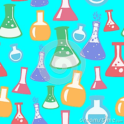 Chemistry Beakers on Cyan Background Geometrical Pattern Seamless Repeat Background Stock Photo