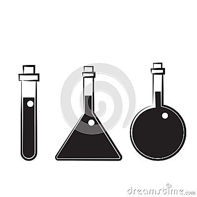 Chemistry beakers with Erlenmeyer flask and test tube holding chemicals flat vector icon for science apps and websites Vector Illustration