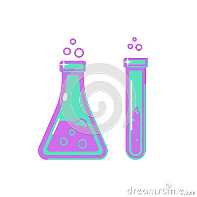 Chemistry beakers with flask and test tube holding chemicals Cartoon Illustration