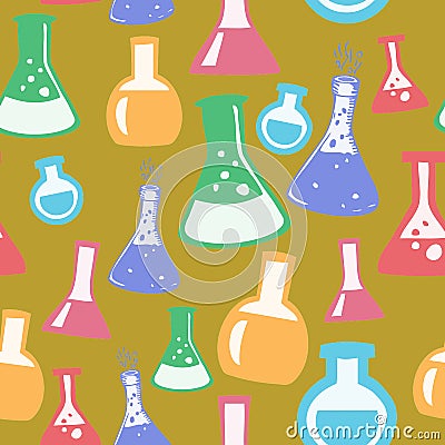 Chemistry Beakers on Gold Background Geometrical Pattern Seamless Repeat Background Stock Photo