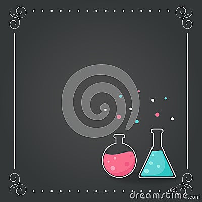 Chemistry Bottles on Chalkboard Background. School, Science, Chemistry Concept. Vector Illustration