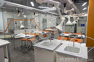 Chemistry class at school. An empty, clean laboratory in a university college science classroom. Stock Photo