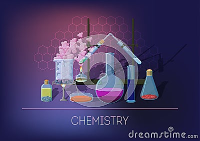 Chemistry concept with chemical equipment and glassware, running experiment and chemical reactions. Vector Illustration