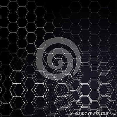 Chemistry 3D pattern, hexagonal molecule structure on black, scientific medical research. Medicine, science and Vector Illustration