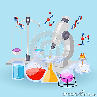 Chemistry equipment for experiments. Vials, microscope, test-tubes with reagents and DNA formulas vector background Vector Illustration