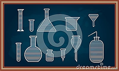 Chemistry equipment set on school chalkboard. Vector Illustration