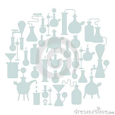 Chemistry equipment silhouette flat round background. Science of chemicals. Laboratory research. Medical tests Vector Illustration