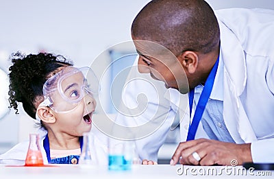 Chemistry, excited and father with child in laboratory for medical research, science and education. Healthcare, family Stock Photo