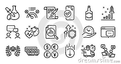 Chemistry experiment, Scroll down and Approved phone line icons set. Vector Vector Illustration