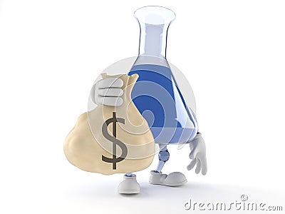 Chemistry flask character holding money bag Stock Photo