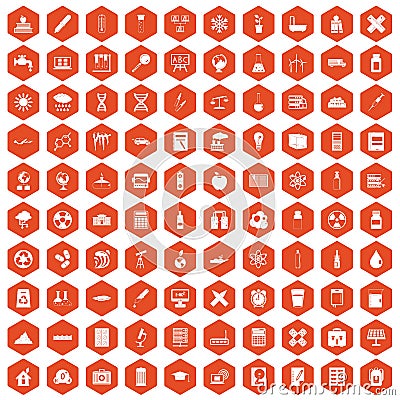 100 chemistry icons hexagon orange Vector Illustration
