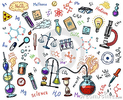 Chemistry of icons set. Chalkboard with elements, formulas, atom, test-tube and laboratory equipment. laboratory Vector Illustration