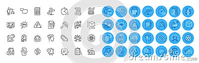 Chemistry lab, Accounting and Teamwork question line icons pack. For web app. Color icon buttons. Vector Stock Photo