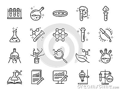 Chemistry lab icon set. Included icons as Chemical, formula, Medical analysis, Laboratory test flask, experiment and more. Vector Illustration