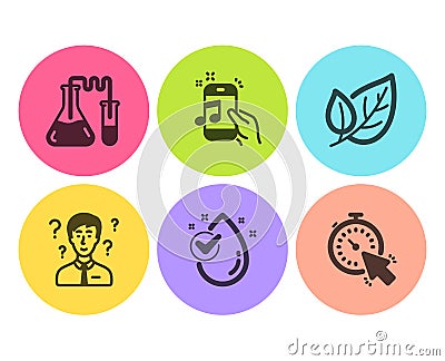 Chemistry lab, Leaf and Music phone icons set. Water drop, Support consultant and Timer signs. Vector Vector Illustration
