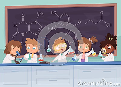 Chemistry lab. Science boy and girls teenager learning research processes vector characters cartoon background Vector Illustration