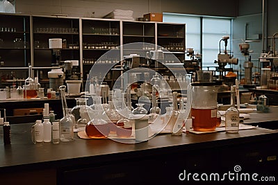 A chemistry lab with various equipment, such as test tubes, flasks, and beakers, on a lab bench. Stock Photo