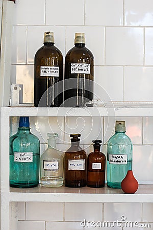 Chemistry laboratory glass containers Stock Photo