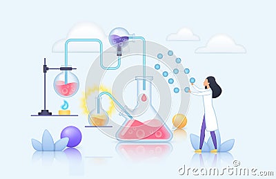 Chemistry laboratory research, science innovation, tiny scientist working with test tubes Vector Illustration