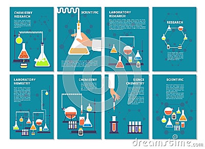 Chemistry laboratory testing. Pharmacy processing and science medical research lab. Vector book covers, brochure Vector Illustration