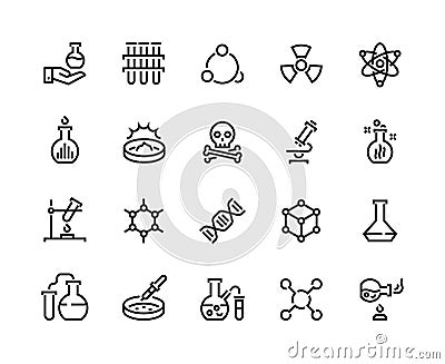 Chemistry line icons. Laboratory equipment and chemical reactions, medical tube flask and beaker. Vector science and Vector Illustration