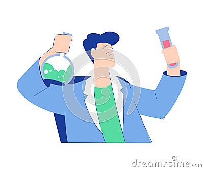 Chemistry with Man Scientist Character with Glass Flask Vector Illustration Vector Illustration