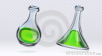 Chemistry measuring glass flasks with green liquid Vector Illustration