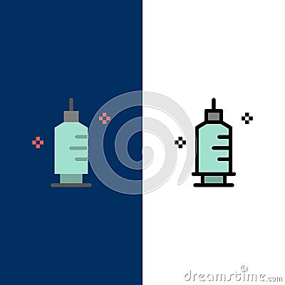 Chemistry, Medicine, Pharmacy, Syringe Icons. Flat and Line Filled Icon Set Vector Blue Background Vector Illustration