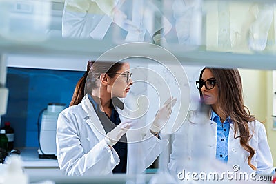 Young female researchers conducting laboratory test Stock Photo