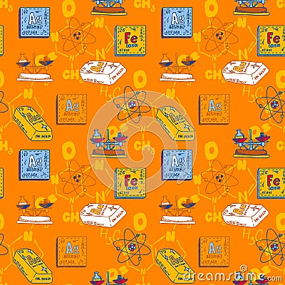 Chemistry periodic substance seamless pattern, hand drawn style Vector Illustration