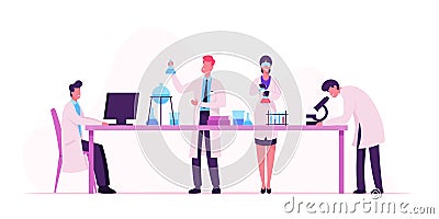 Chemistry, Pharmaceutical Concept. Scientists in Chemical Laboratory with Equipment as Computer, Microscope and Flasks Vector Illustration