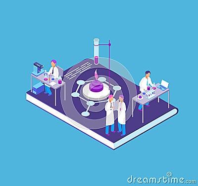 Chemistry, pharmaceutical 3d isometric concept with chemical laboratory equipment and people research scientist vector Vector Illustration