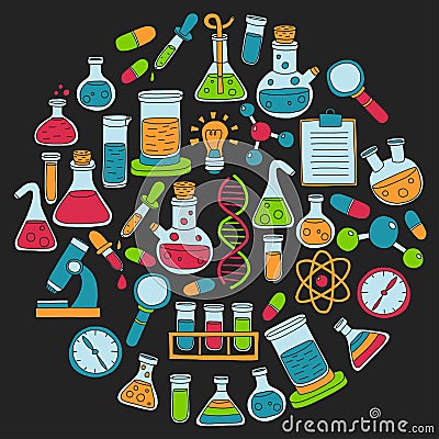 Chemistry Pharmacology Natural sciences Vector doodle set Vector Illustration