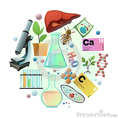 Chemistry picture in form of circle. Science items picture. Study of living cells of plants, animals and humans Vector Illustration
